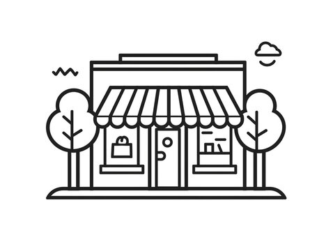 recommend clip art: Outline icon of small storefront facade. Black line on white background.  