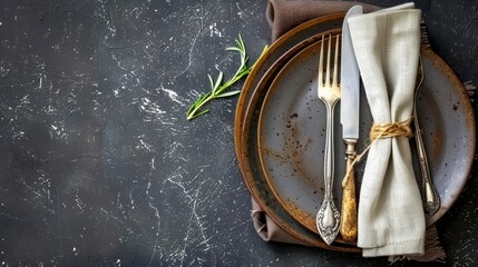 fork, knife and plate with white napkin on black marble table
