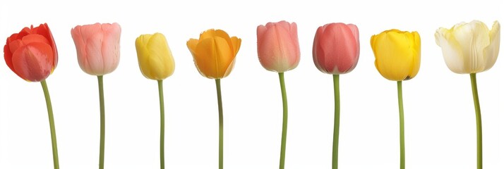 a delicate lineup of various flowers with elegant stems on a white background, conveying a sense of purity and simplicity. - obrazy, fototapety, plakaty