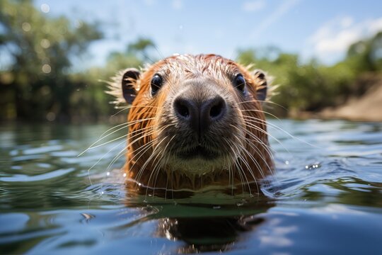 close up of a capybara in the water.