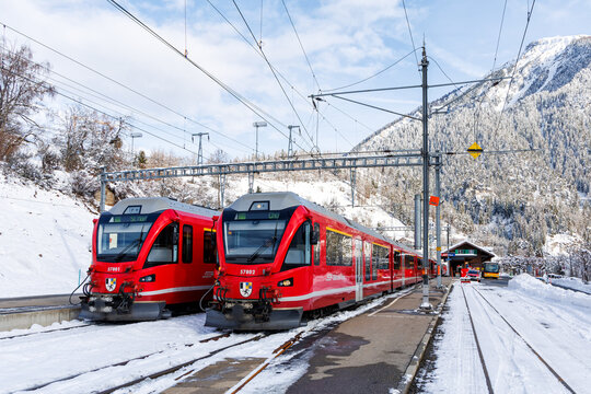 Rhaetian Railway passenger trains on Albula line by Stadler Rail at train station in Filisur, Switzerland