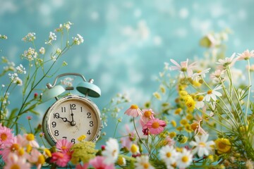 A clock sits among flowers on a table in a natural landscape