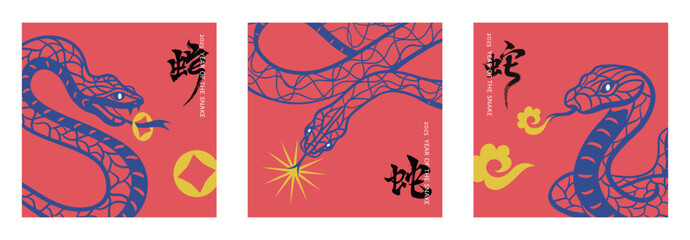 2025 vector illustration set. snake in paper cut art style with calligraphy ,Year of the snake card or banner Template	 (Chinese translation : snake)