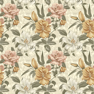Vintage floral tile pattern with roses and lilies on a beige background