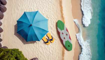 Aerial view of a sandy beach with ocean waves, featuring a beach umbrella and a Burundi flag-adorned surfboard in the sand. Embracing the Burundi leisure and tourism concept by the sea