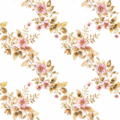 Golden floral heart wreaths in an elegant seamless pattern