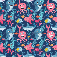 Underwater sea life with smiling creatures in a seamless pattern