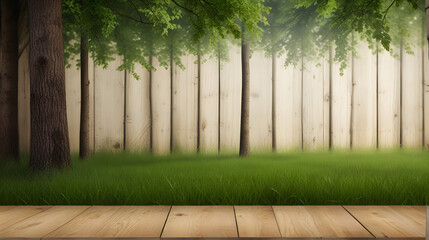 empty wooden table on grass in a sunlit park with blurred nature background