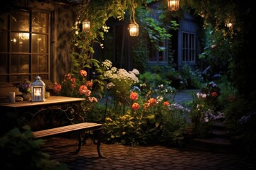Garden Decor Nocturne: Photograph the decor in the quiet of the night. - obrazy, fototapety, plakaty