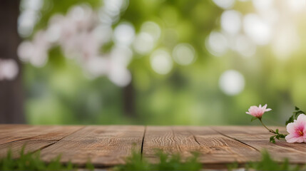 Spring flowers arranged on an empty wooden table in a sunny garden garden with bokeh background.