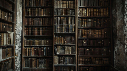 A large bookshelf filled with dusty tomes on the occult and spirits stands against one wall. .