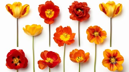 a delicate lineup of various flowers with elegant stems on a white background, conveying a sense of purity and simplicity. - obrazy, fototapety, plakaty