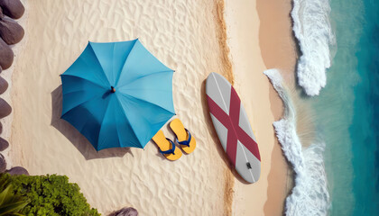 Naklejka premium Aerial view of a sandy beach with ocean waves, featuring a beach umbrella and a Alabama flag-adorned surfboard in the sand. Embracing the Alabama leisure and tourism concept by the sea