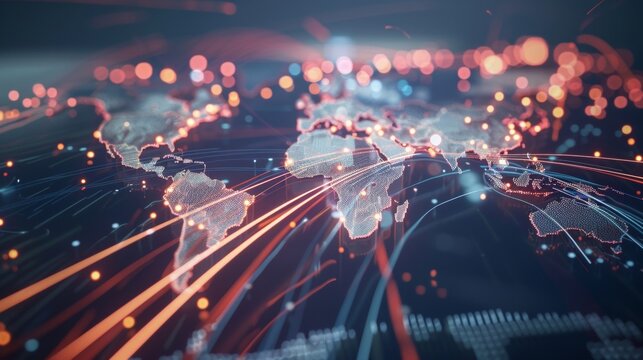A defocused backdrop of a world map with abstract light trails highlighting major trade hubs and transport routes representing the extensive network and connectivity of global markets .