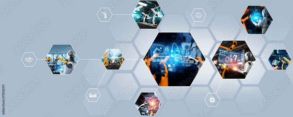 Poster automated ai industry robot and robotic arms assembly in factory production. concept of artificial i
