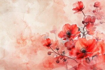 Watercolor painting of red flowers on beige background