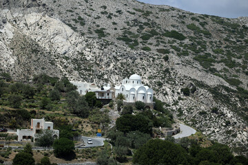 View of The Church of Agia Irini Chrysovalantou of the mountain landscape on the Cyclades Island -Naxos in Greece - obrazy, fototapety, plakaty