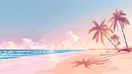 Fototapeta na wymiar Tropical beach drawing in pastel colors, minimalist style. Background for summer holiday and travel vacation concept.