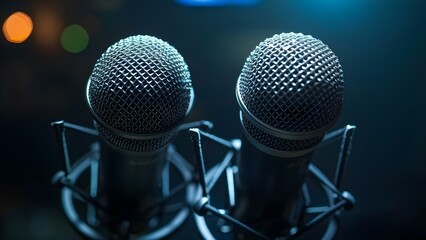 Two microphones in a dimly lit room for podcast or interview concept. Concept Podcast Setup, Interview Setup, Dim Lighting, Dual Microphones, Studio Background - obrazy, fototapety, plakaty