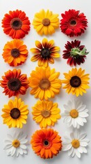 A delicate and artistic arrangement of various wildflowers, with vibrant colors against a white background. Each flower displays unique beauty, suitable for decorative and botanical themes.