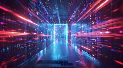 Abstract door in tunnel with digital data center light signals. Future computer technology concept of cyber gate in cyberspace or metaverse. Fantasy cyber door or portal in data center. Tech banner.
