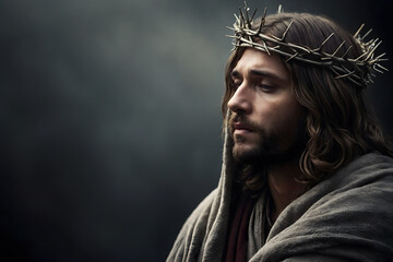 Jesus wearing a crown of thorns with an isolated background - obrazy, fototapety, plakaty