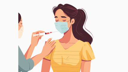 Woman in face mask getting vaccinated against Covid1 - obrazy, fototapety, plakaty