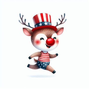 Reindeer Patriotic with American Flag. Watercolor 4th July Memorial Day Clip Art. Celebration USA (United State) Independence Day Art Cute Cartoon Character