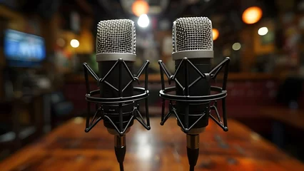Fotobehang Two microphones in a dimly lit podcast studio with wide banner backdrop. Concept Podcasting, Studio Equipment, Banner Backdrop, Dim Lighting, Professional Setup © Ян Заболотний