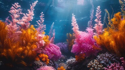 Fototapeta na wymiar An underwater paradise unfolds with a vivid coral reef basking in the sunlight that filters through the ocean's surface, teeming with marine life. Underwater botanical scene with seaweed