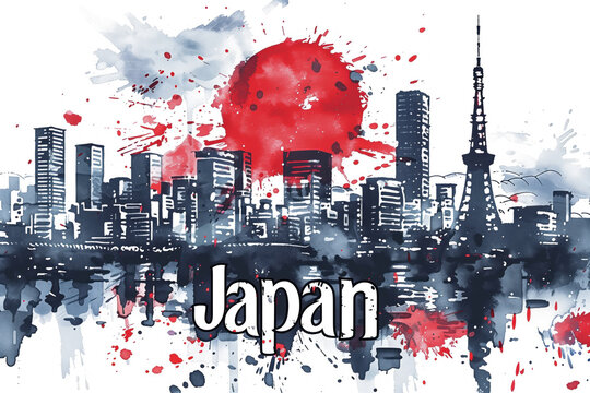Artistic watercolor splash with Tokyo skyline and Japan text.