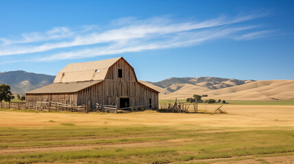 Obraz premium A rustic barn against a backdrop of rolling hills, with a clear sky above, providing ample space for centered text
