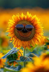 Sunflower with sunglasses on sunny day. An adorable sunflower wearing sunglasses