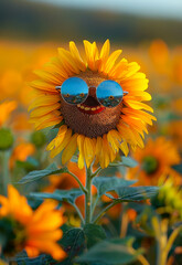 Sunflower with sunglasses in sunflower field