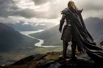 Medieval knight on top of a mountain. Panoramic image.
