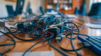 A tangle of power cords and adapters under a conference table - Powered by Adobe