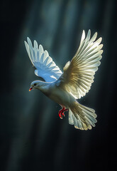 Fototapeta premium White dove flying in the dark. A white dove in flight with its wings spread wide