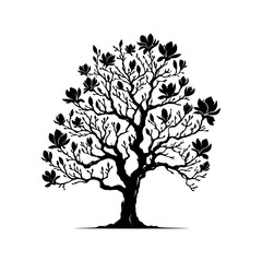 Black Vector Magnolia Tree Silhouette, Nature's Elegance Flourishing Under Moon's Glow- Magnolia Tree Illustration- Magnolia Tree Vector Stock.