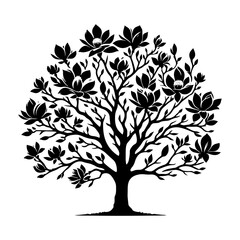Obraz premium Black Vector Magnolia Tree Silhouette, Nature's Elegance Flourishing Under Moon's Glow- Magnolia Tree Illustration- Magnolia Tree Vector Stock.