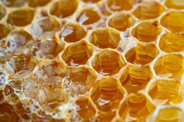 A close up of honeycomb cells, with honey dripping from the edges