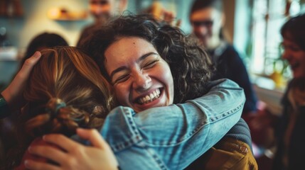 Obraz premium Two people hug each other in the street, one of them wearing a ring