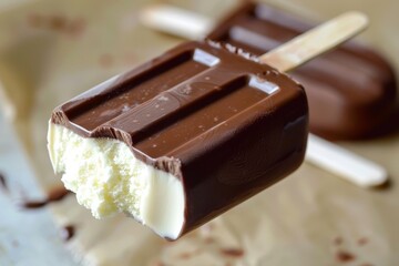 A chocolate ice cream popsicle with a wooden stick in it