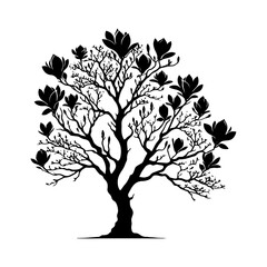 Obraz premium Black Vector Magnolia Tree Silhouette, Nature's Elegance Flourishing Under Moon's Glow- Magnolia Tree Illustration- Magnolia Tree Vector Stock.