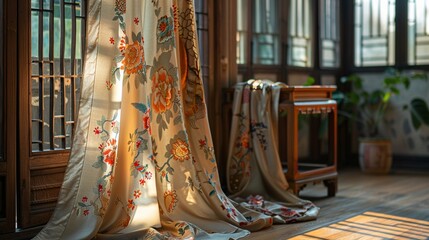 Intricately embroidered Korean silk fabric draped over a wooden screen, adding a luxurious touch to the room's decor.