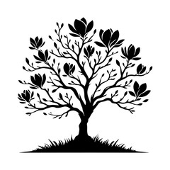 Obraz premium Black Vector Magnolia Tree Silhouette, Nature's Elegance Flourishing Under Moon's Glow- Magnolia Tree Illustration- Magnolia Tree Vector Stock.