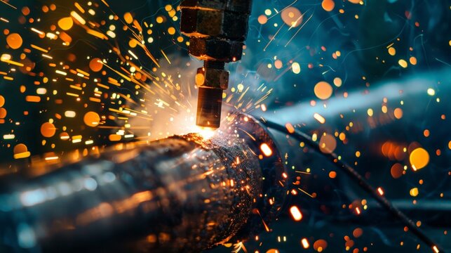 A close-up of a welding arc, blindingly bright sparks flying, molten metal forming a seam on a steel pipe