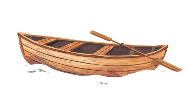Wooden rowing boat with paddle. Water transport lake
