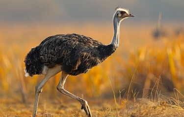 Ostrich walking in the field. A ostrich in the savannah - Powered by Adobe