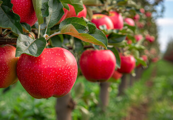 Obraz premium Red apples on the tree in the orchard