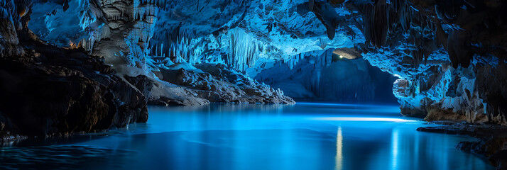 a cave illuminated by blue Phosphorus - obrazy, fototapety, plakaty